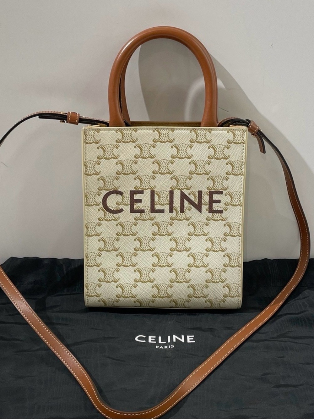 Celine Beige Triomphe Mini Vertical Tote with Brown Leather Trim